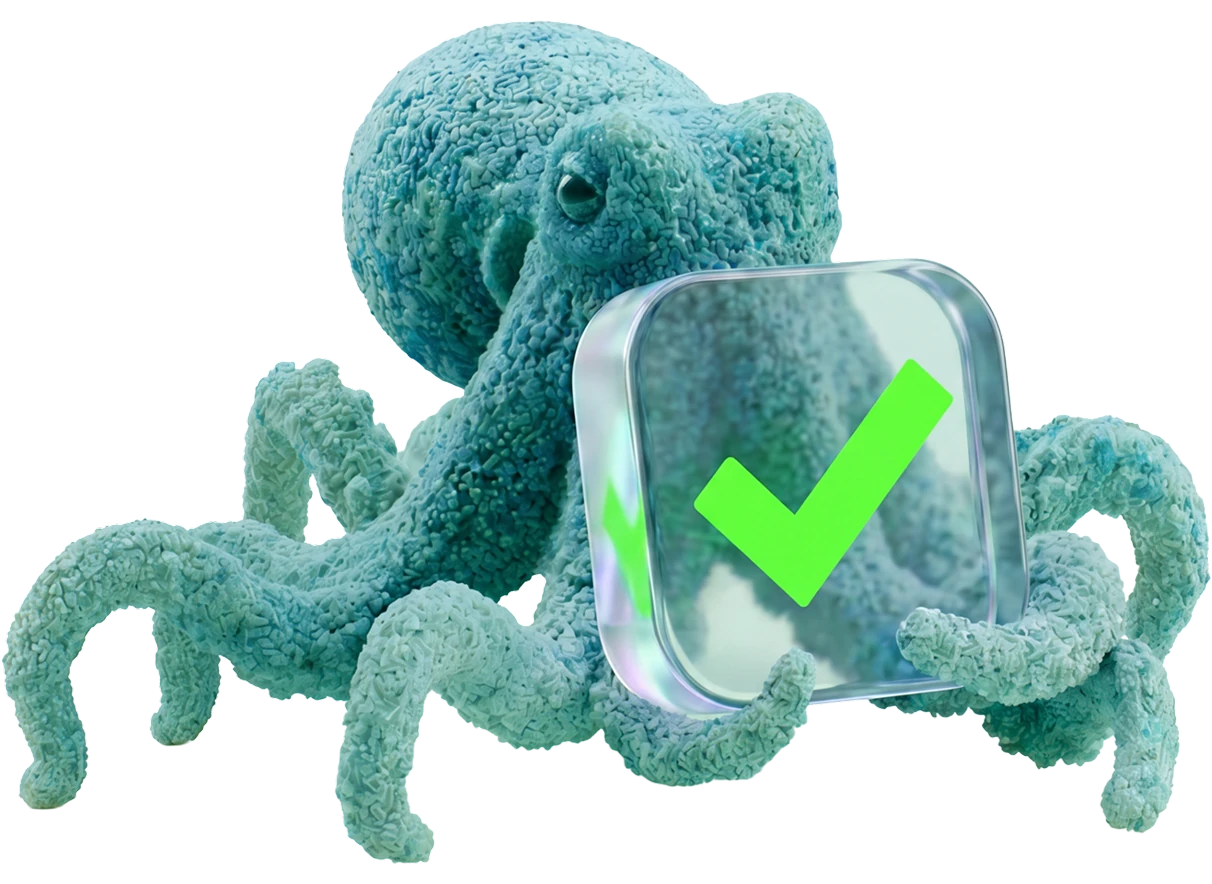 Inky holding a glass tile with a green check mark