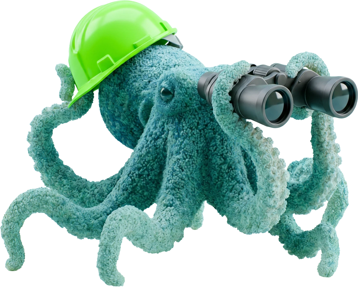 Inky in a hard hat with binoculars, scouting