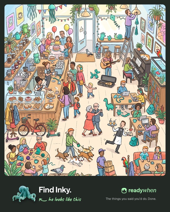 Find Inky: a busy coffee shop
